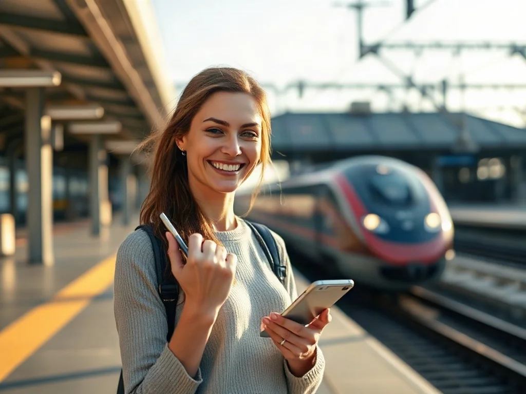 Uśmiechnięta kobieta z biletem elektronicznym w telefonie na nowoczesnym peronie kolejowym w oczekiwaniu na pociąg.