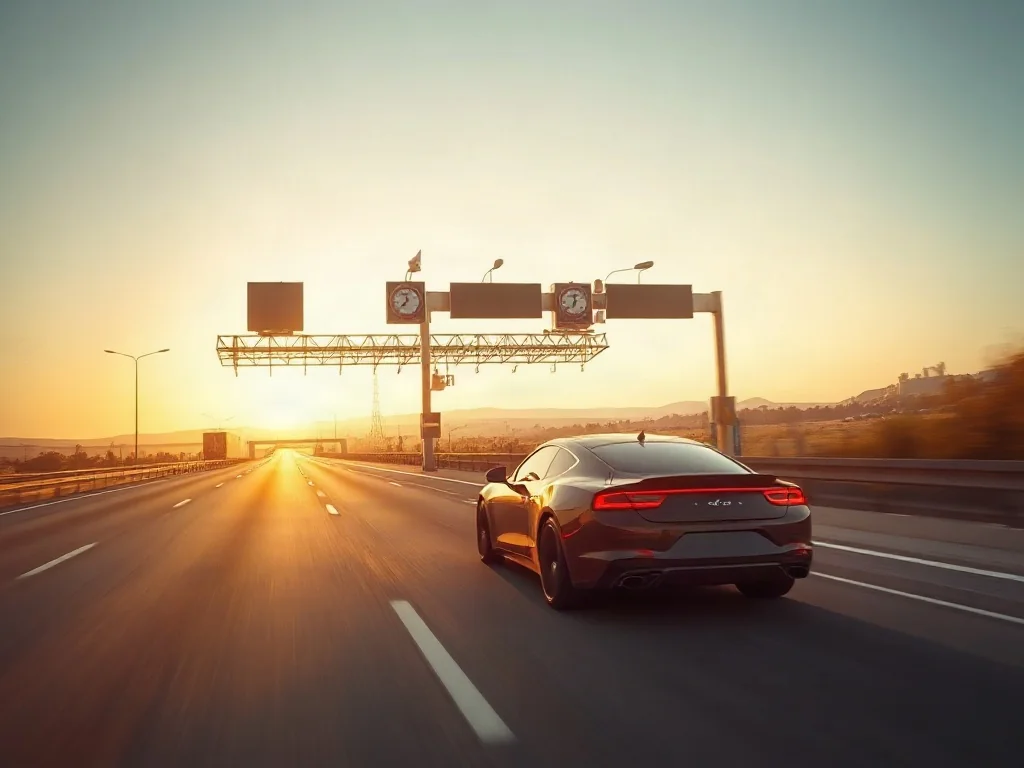 Nowoczesny samochód jadący autostradą w stronę bramki systemu e-TOLL podczas zachodu słońca.