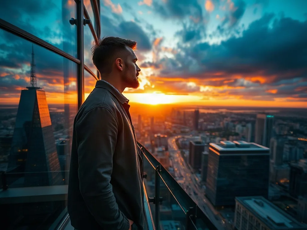 Mężczyzna podziwiający panoramę Warszawy z tarasu widokowego Varso Tower podczas zachodu słońca.