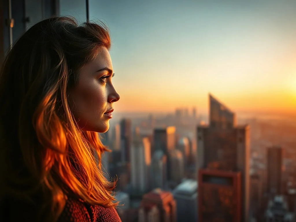 Kobieta podziwiająca panoramę miasta z tarasu widokowego Sky Tower podczas zachodu słońca.