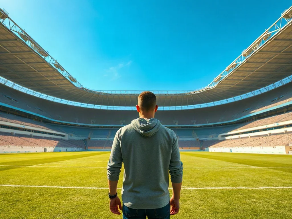 Mężczyzna stojący na środku murawy stadionu Camp Nou, patrzący na puste trybuny w słoneczny dzień.