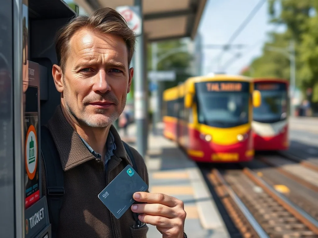 Mężczyzna przybliżający kartę miejską do czytnika w nowoczesnym biletomacie na przystanku tramwajowym w Warszawie.