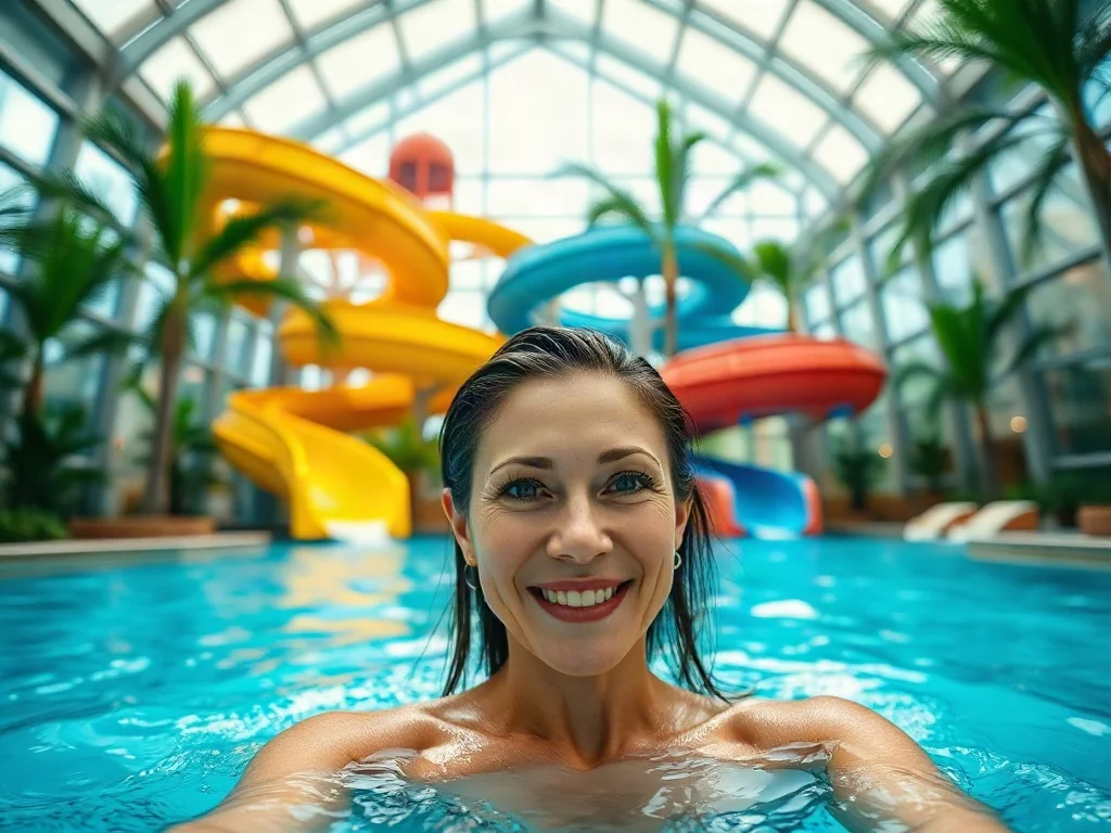 Uśmiechnięta kobieta bawiąca się w basenie aquaparku w otoczeniu kolorowych zjeżdżalni i tropikalnej roślinności.