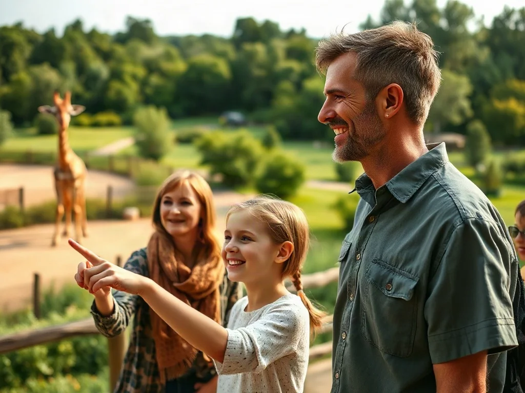 Ojciec z córką wskazują żyrafę na wybiegu w zoo we Wrocławiu w słoneczny dzień.