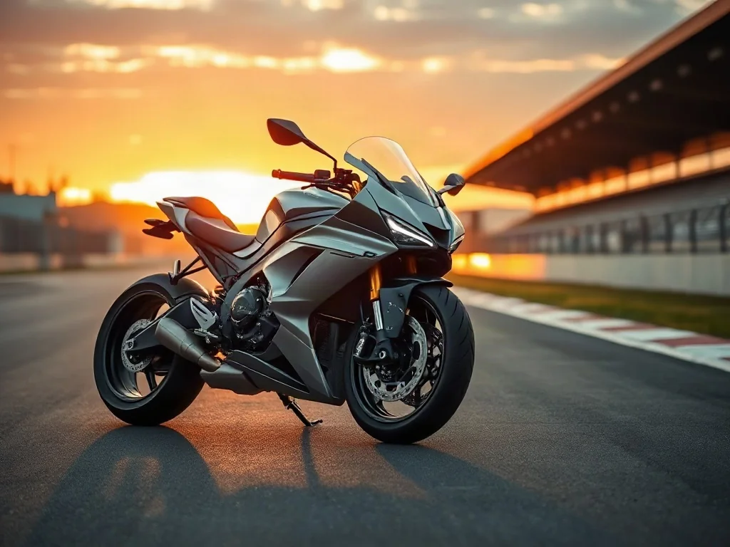 Futurystyczny motocykl sportowy na torze wyścigowym podczas zachodu słońca, podkreślający jego aerodynamiczną konstrukcję.