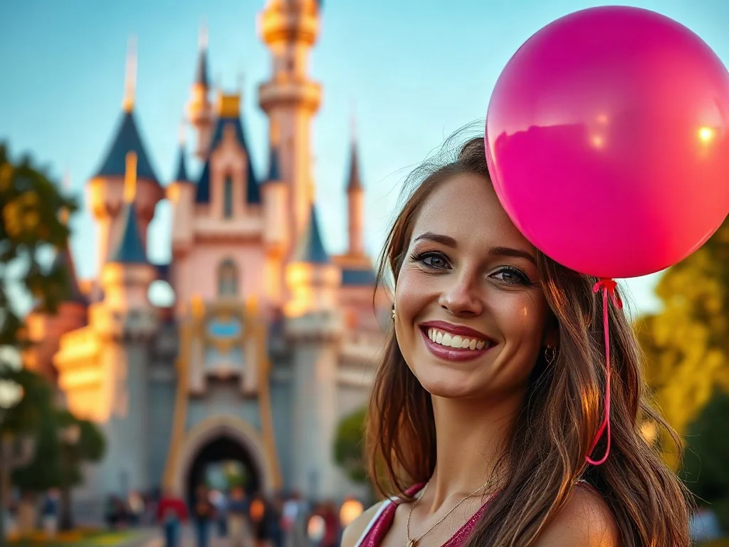 Uśmiechnięta kobieta z balonem na tle zamku w Disneylandzie w Paryżu podczas słonecznego dnia.
