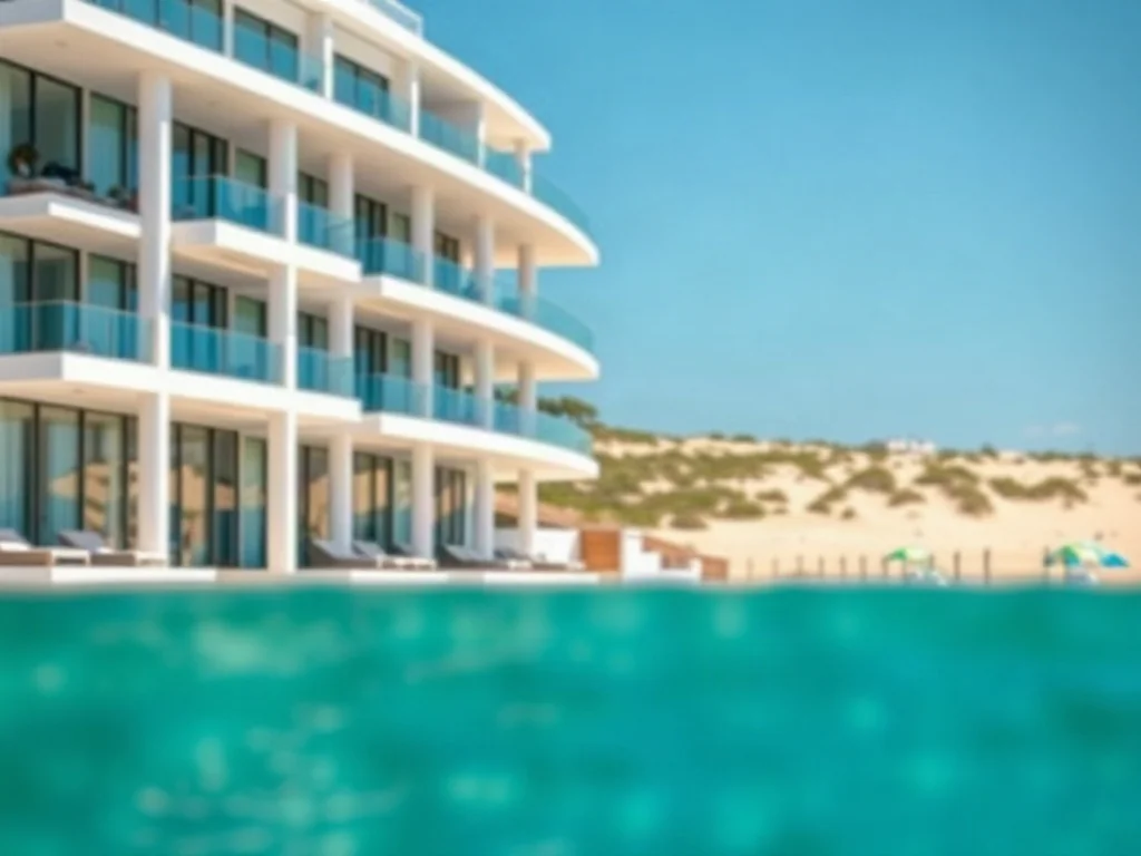 Nowoczesny hotel Gołębiewski w Pobierowie z widokiem na piaszczystą plażę i Bałtyk w słoneczny dzień.